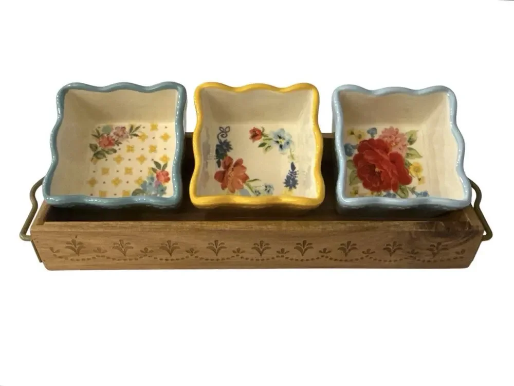Pioneer Woman Condiment Set w/Wood Tray 3 Floral Medley 3 Stoneware Bowls